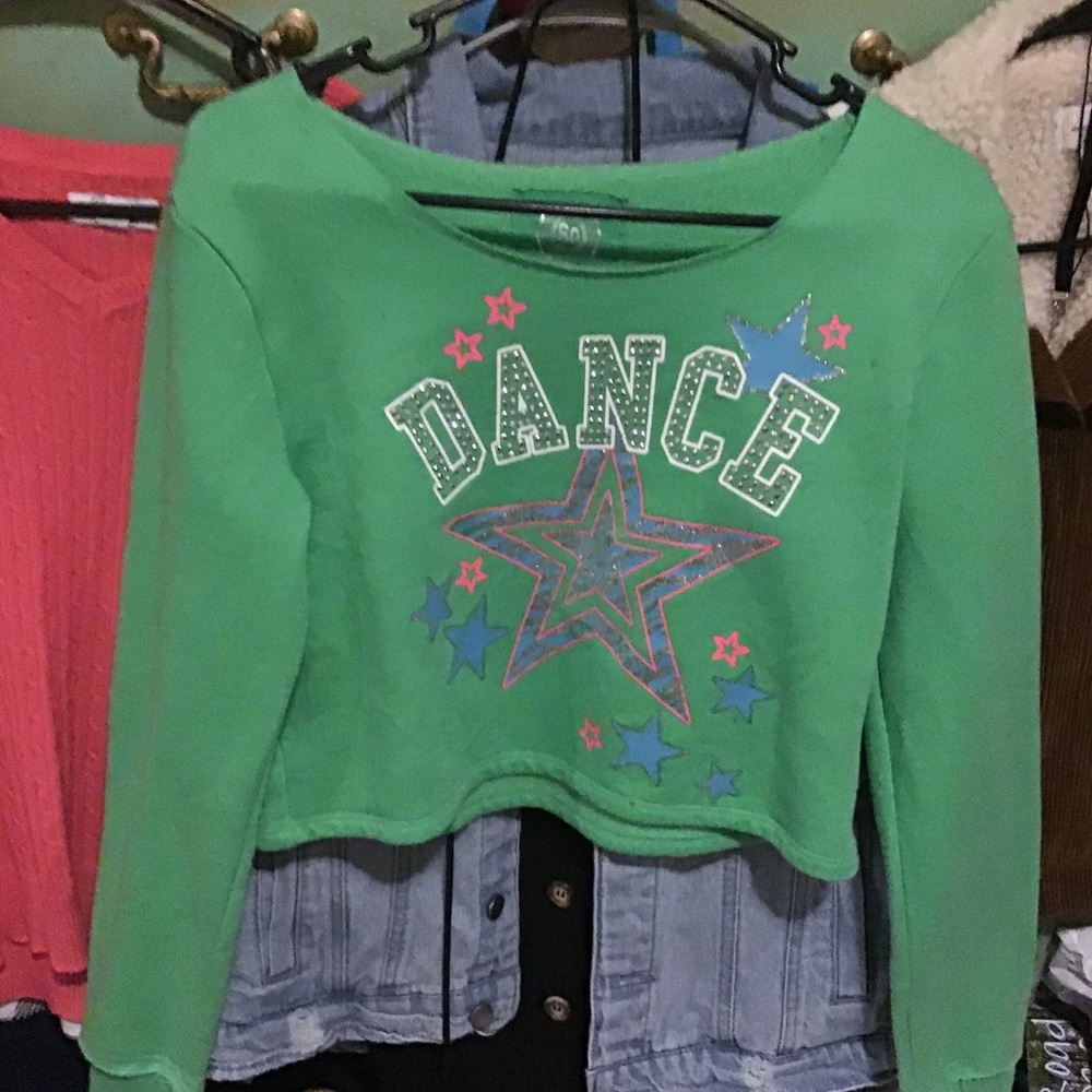 Cropped green shiny bedazzled dance pullover